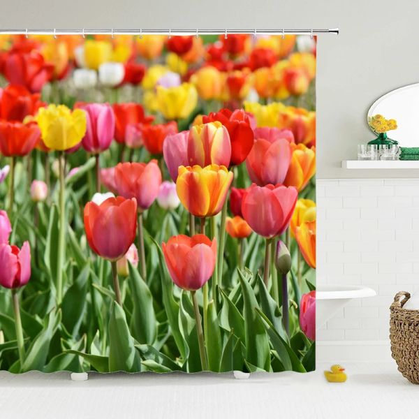 Vorhänge, Tulpe, Rose, frische Blumen, Duschvorhänge, wasserdichter Polyesterstoff, 3D-gedruckter Badezimmer-Bildschirm, Heimdekoration, Duschvorhang