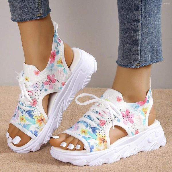 Сандалии женские тканые сетчатые туфли с принтом на толстой подошве модные на шнуровке «рыбий рот» спортивные женские летние 2024