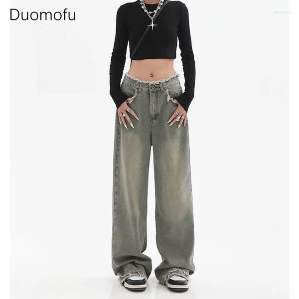 Jeans da donna Duomofu Streetwear Retro dritto largo stile coreano pantaloni dimagranti a gamba larga Donna pantaloni a coda di pesce Orlo con nappa