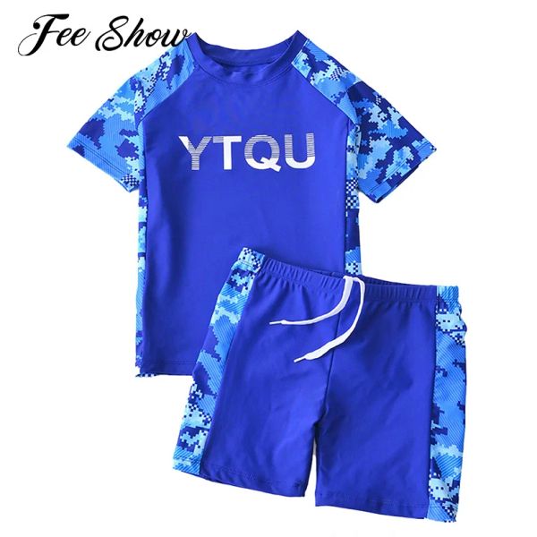 Roupa de banho crianças meninas meninos duas peças maiô rashguard define manga curta camuflagem estrelas imprimir topo shorts conjunto natação beachwear