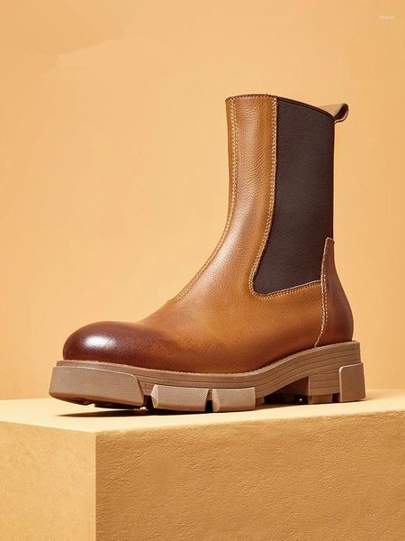 Botas super macio couro masculino conciso meados de bezerro deslizamento na chaminé moderno jovem 5cm conforto sapatos aumentados inverno