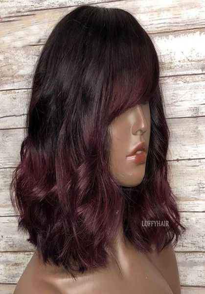 99j ombre onda cabelo humano couro cabeludo perucas superiores com franja 250 densidade curto ondulado máquina completa feita para mulher lace1016642