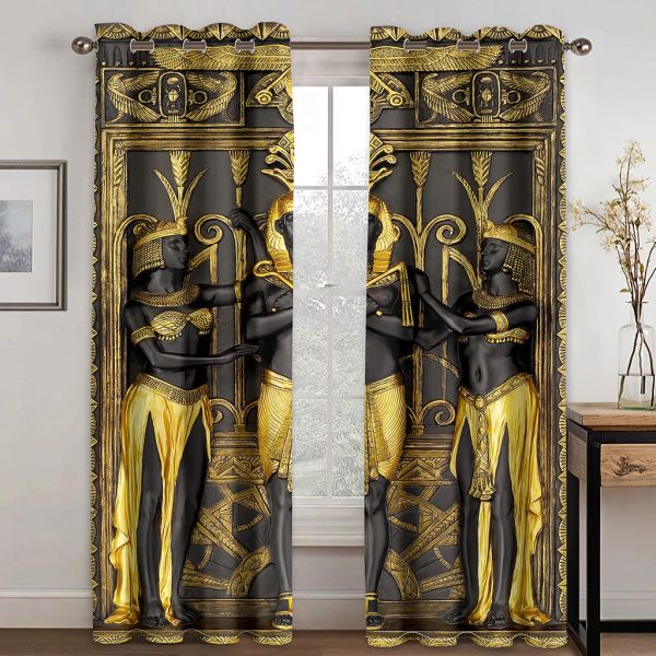 Cortinas de janela egípcia blackgold, deuses egípcios, logotipo antigo, detalhes, sala de estar, quarto decorativo, cortinas de café