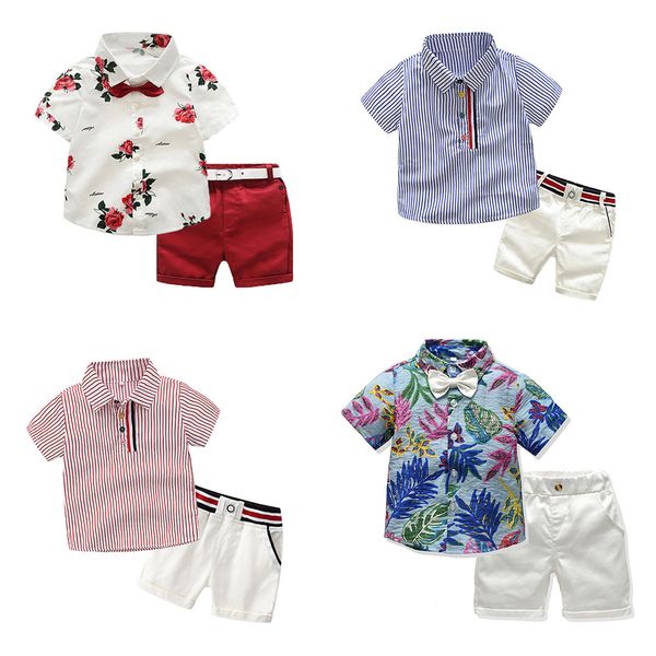 Conjunto de roupas de verão para bebês, meninos e meninas, floral, manga curta, camisa com botão, bermuda, shorts, conjunto de roupa havaiana