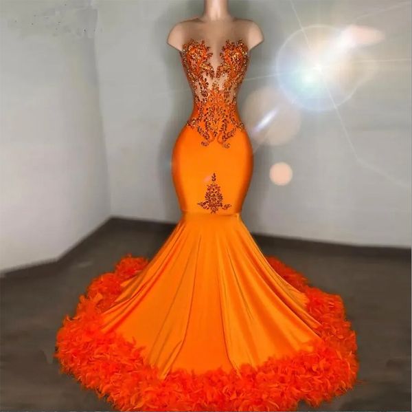 Laranja penas sereia vestidos de baile 2024 cristal beading gillter meninas africanas sheer o pescoço vestidos de festa longo aso ebi vestido de noite