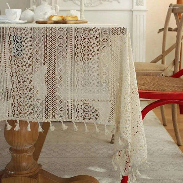 Pano de mesa americano pastoral oco crochê retângulo tecido toalha de mesa borla adequado para festa de aniversário em casa
