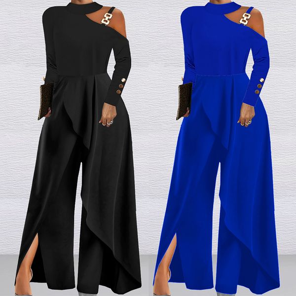 Graceful Allure Pantaloni da donna a gamba larga con tuta a maniche lunghe e tinta unita chic in tinta unita - Blu royal Nero Perfetti per un look elegante da festa