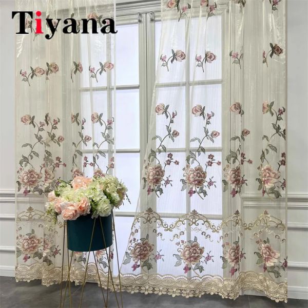 Cortinas Royal Luxo Peony Flower Bordadas Cortinas para a sala da sala Janela de quarto pura Tule Velvet Romântica Valão Cortes de Voile