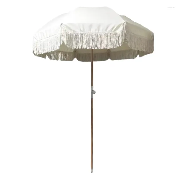 Guarda-chuvas Dia 1.8m Listrado Sun Parasol Guarda-sol Ao Ar Livre Jardim Praia Com Franja Retro Grande Faia De Madeira Reclinável Piscina Pátio