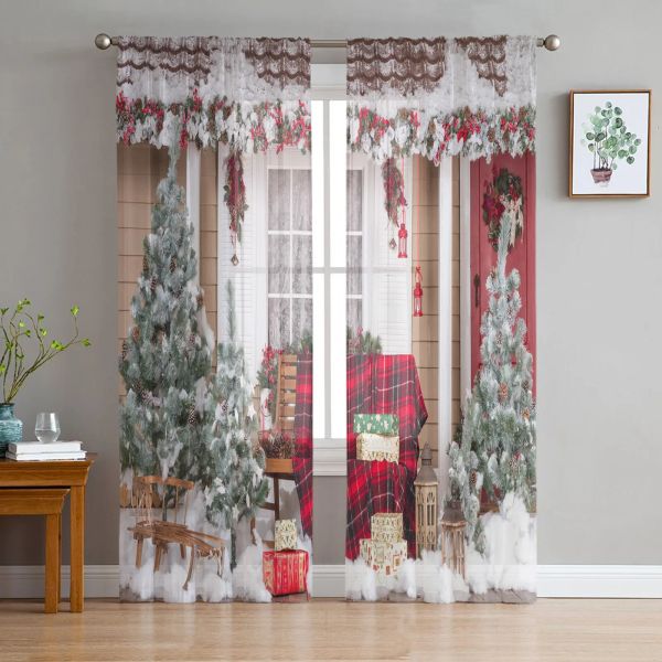 Tende Casa sull'albero di Natale Tende trasparenti Finestra del soggiorno Tende in tulle per camera da letto Cucina Decorazione domestica Tende in voile