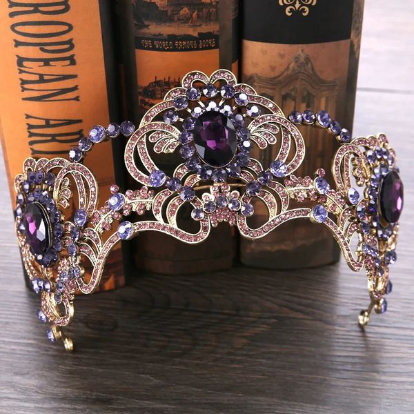 Barok Mor Crystal Güzellik Prenses Taç Tiaras Guri Saç Bantları İçin Meşzam Rhinestone Diadem Düğün Saç Aksesuarları 240307