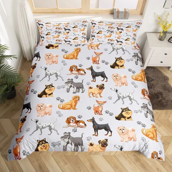 Set Kids niedliche Hunde Bettwäsche Set Bettwäsche Cartoon Hunde Bettdecke Deckung für Jungen Mädchen Kinder Haustier Welpe Tier Polyester Bettdecke Sheer Vorhänge