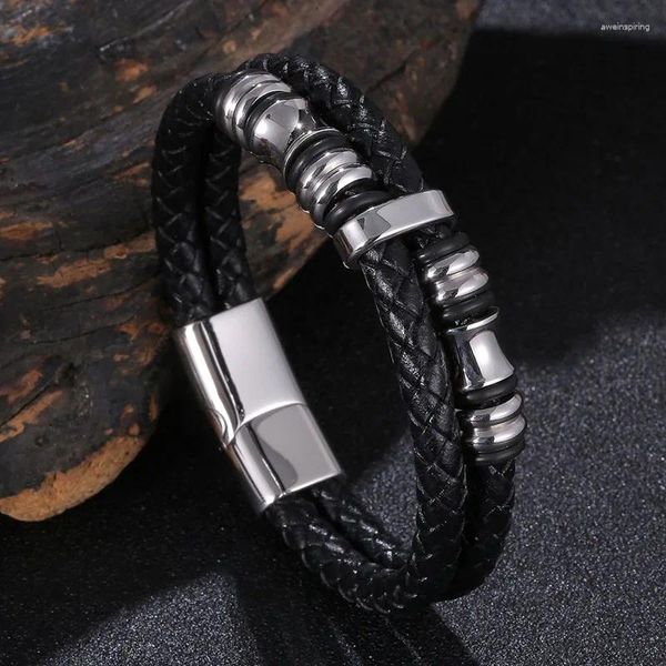 Charm Armbänder Mode Edelstahl Armband Männer Doppel Schwarz Geflochtenes Leder Seil Armreif Vintage Männlich Schmuck Magnet Schnalle Armband