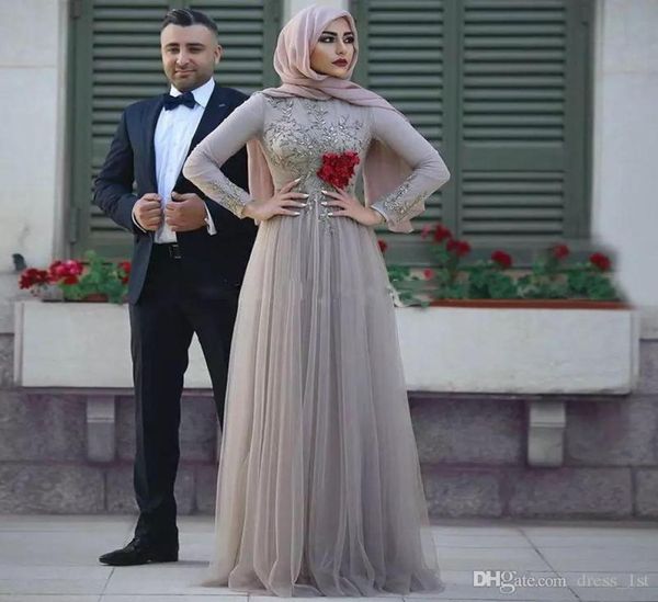 Mangas compridas prata muçulmano vestidos de noite colher pescoço cristal frisado até o chão hijab vestidos de baile árabe saudita festa de noite go4898737