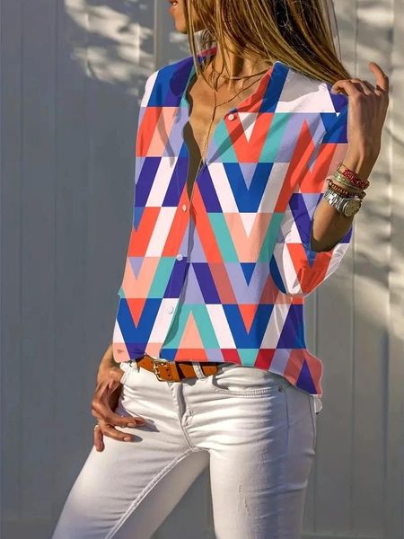Kadınlar bluz gömlekleri renkli geometrik baskı gömlek 2024 ilkbahar yaz artı beden kadın giyim üstleri