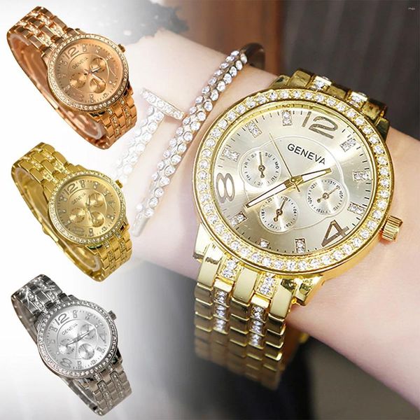 Relógios de pulso moda feminina relógio requintado diamante incrustado quartzo três olhos dial pulseira de aço inoxidável relogio