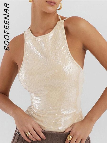 Kadın Tankları Boofeenaa Sparkle Pullu Sırtsız Tops Kadın Giyim Yular Camis Yaz 2024 Seksi Clubbing Tank Top C85-CF13