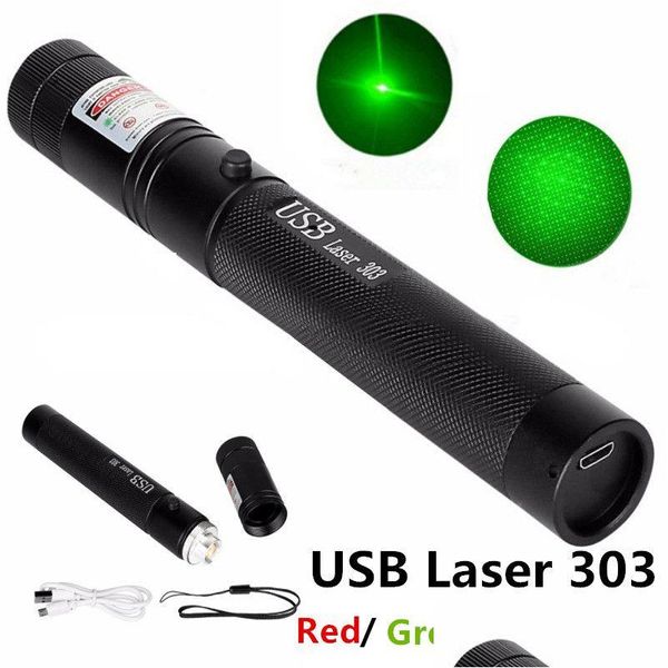 Laserpointer Pointer USB-Aufladung 303 High Power 5 MW Dot Grün Rot Lila Stift Single Point Starry Burning Lazer Qualität Drop Delive Otcu4