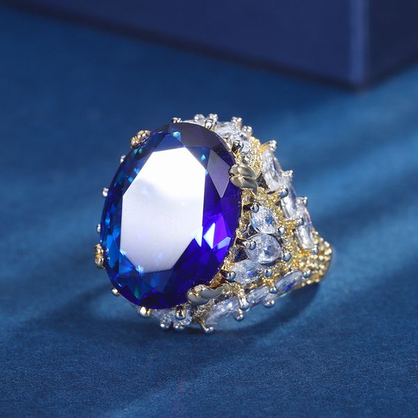 Anello: zaffiro placcato oro su base in rame, apertura regolabile, anello da donna con diamanti, pietra centrale, anello di fascia alta 15 * 20
