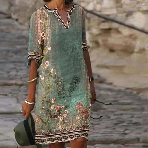 Parti Elbiseleri 2024 Kadın Yaz Plajı Elbise Vintage Zarif Çiçek Baskılı Gündelik Gevşek Stil Stil V Boyun Kadın