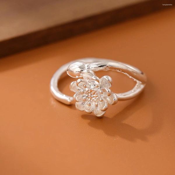 Cluster-Ringe Original feine weiße Lotusblume versilbert Schmuck Zweig Öffnung Ring Mode für Frauen R040