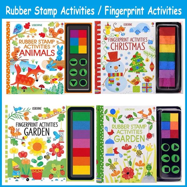 Usborne crianças livros de impressão digital com carimbo de borracha almofada de tinta atividades rabiscar livro crianças jardim de infância diy artesanato montessori brinquedo 240307