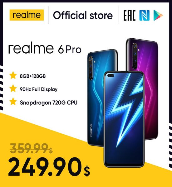 Realme 6 pro telefone móvel 66 polegada 90hz display 64mp cam 8gb 128gb snapdragon 720g smartphone celular android phones5811807