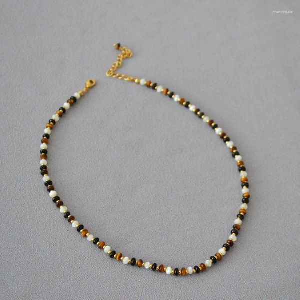 Halsband aus schwarzem Achatstein, Tigerauge, Muttermuschel, elegante Halskette mit natürlichen Perlen im Vintage-Stil