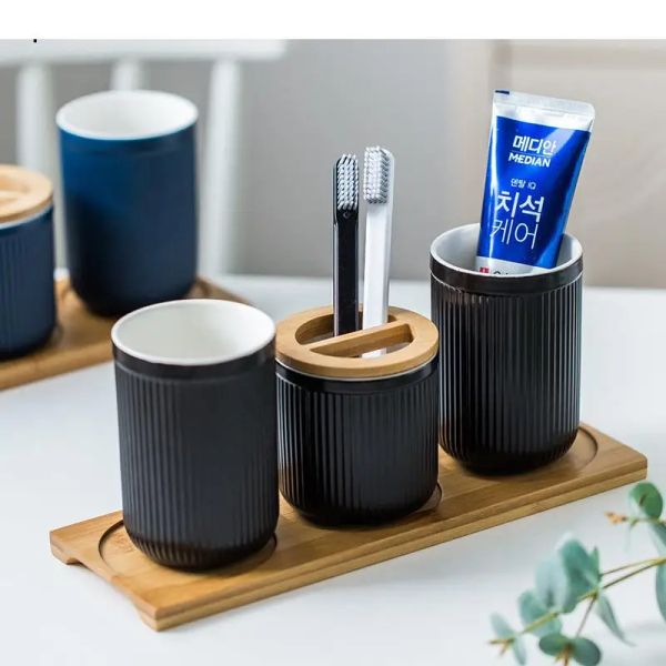 Halter Licht Luxus Keramik Mund Tasse Badezimmer Zubehör Set Haushalt Zahnbürste Holde Mundwasser Tasse Tablett Badezimmer Lagerung Tassen