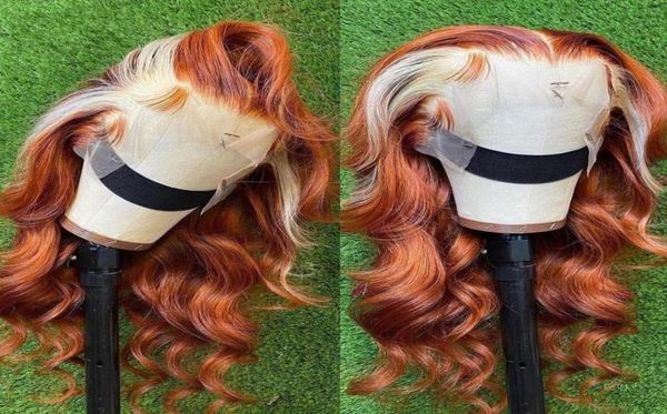 Lange honigblonde Echthaar-Perücke mit Spitzenfront, Ombré-Ingwer-Orange, volle Vorderseite, Highlight, 28 30 Zoll, synthetische tiefe Wellen-Perücken 3913690