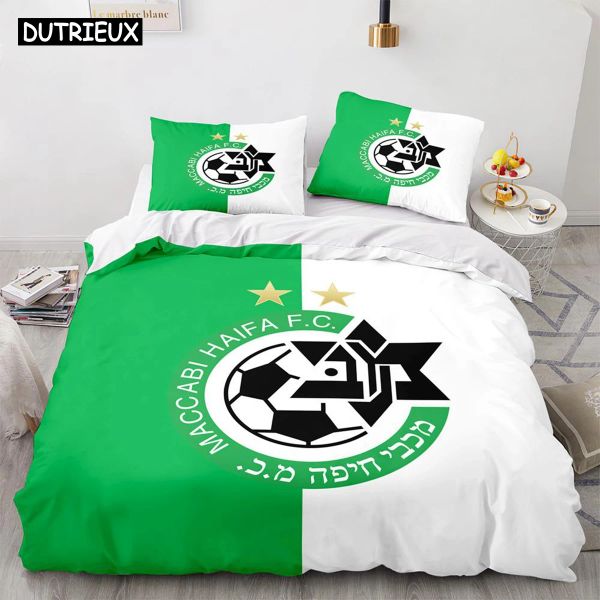 Definir a cama de clube de futebol impressa em 3D, colocado na capa da colcha com travesseiros duplos, cortinas de dupla rei sheer