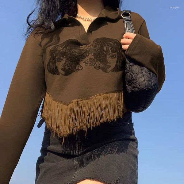 T-shirt da donna moda stampata con frange risvolto maglione pullover allentato 2024 camicia top autunno per vestiti estetici da donna