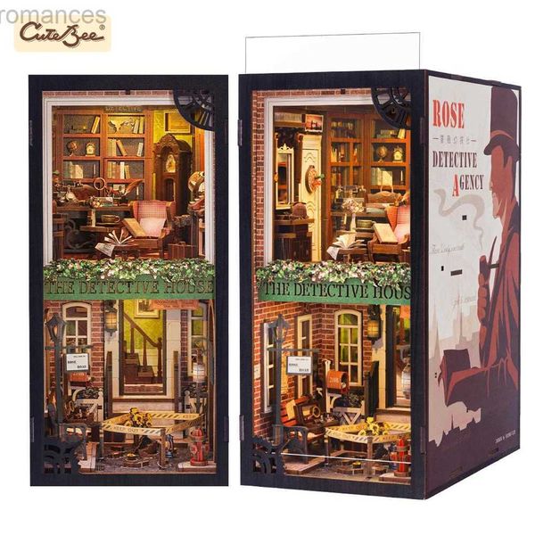 Puzzle 3D Cutebee Puzzle 3D fai da te Kit per angolo libro in legno Casa delle bambole Scaffale Costruzione Booknook in miniatura Giocattoli Regali Rose Detective Agency 240314