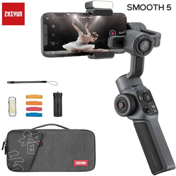 Heads Zhiyun Smooth 5 3-Achsen-Gimbal-Stabilisator mit Vlog-LED-Fülllicht, Smartphone-Gimbal für iPhone 13/12 Pro Max, Samsung Galaxy S8+