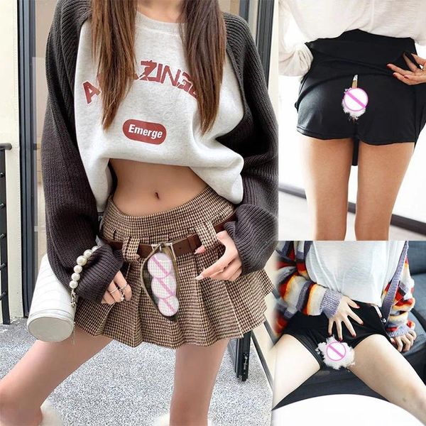 Etekler görünmez açık kasık açık seks kadınları pileli Koreli Vintage mini ekose etek pantolon yüksek bel skorts gece kulübü