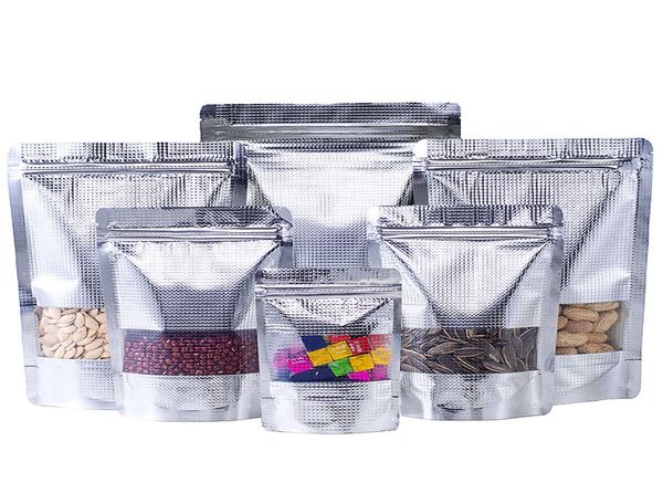 100 pçs levante-se em relevo prata folha de alumínio janela zip lock saco resealable exibição visível comida lanche café carne frutas secas 6964030