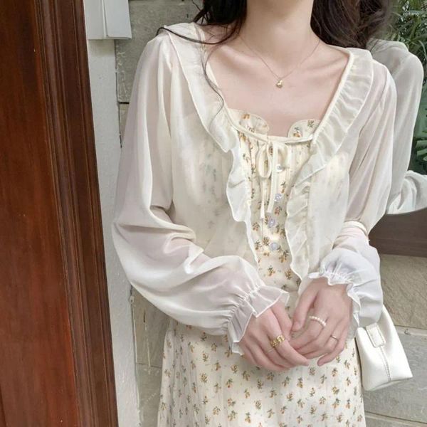 Schals Retro lange Ärmel Poncho Rüschen Chiffon Sommer Sonnencreme Schal koreanischen Stil kurze Top Mantel Spitze Cardigan