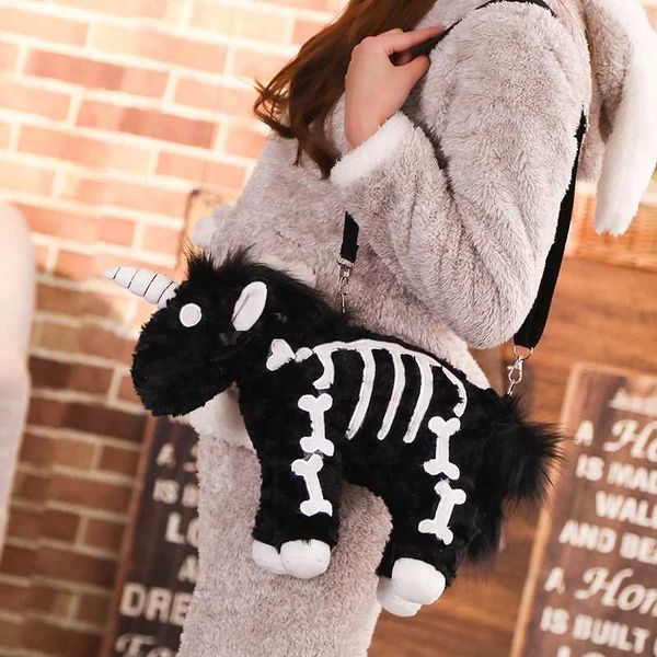 Plüsch-Rucksäcke 40 cm Einhorn Rucksack Gothic Rock Rosa Plüsch Fliegendes Pferd Skelett Gefüllte Persönlichkeit Tiere Umhängetasche Kinder Mädchen Geschenk L2403