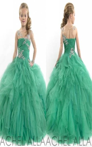 Beleza glitz meninas pageant vestidos princesa tule frisado verde uma manga crianças crianças vestidos da menina de flor 4095191