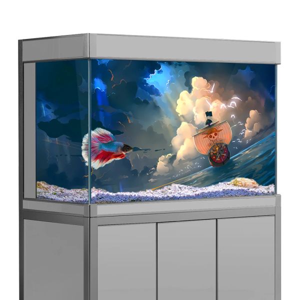 Decorazioni Adesivo per sfondo acquario, One Piece Nave pirata Stampa HD Carta da parati Decorazioni per fondali acquario Poster paesaggistico in PVC