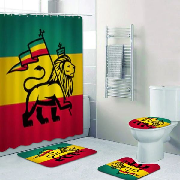 Vorhänge Jamaika Löwe Badezimmer Dekor Rasta Reggae Art Badezimmer Duschvorhänge Set Rastafarian Bad Teppich Matten Teppich Toilette Cortina Ducha