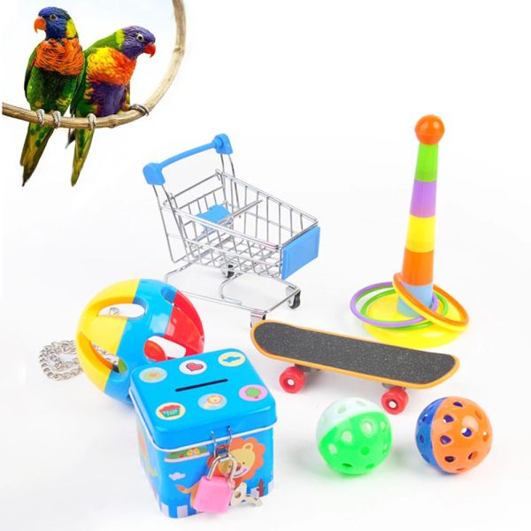 Brinquedos brinquedo de treinamento de pássaros papagaio brinquedo educacional carrinho de compras empilhamento anel brinquedo skate pássaro brinquedo sino bola gaiola brinquedo balanço cofrinho