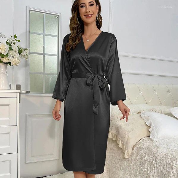 Damen-Nachtwäsche, weiblich, lange Robe, Frühling, Sommer, Nachthemd, Kimono, Bademantel, Kleid, lockere lässige Seide, Satin, Heim-Dressing, Lounge-Ewear