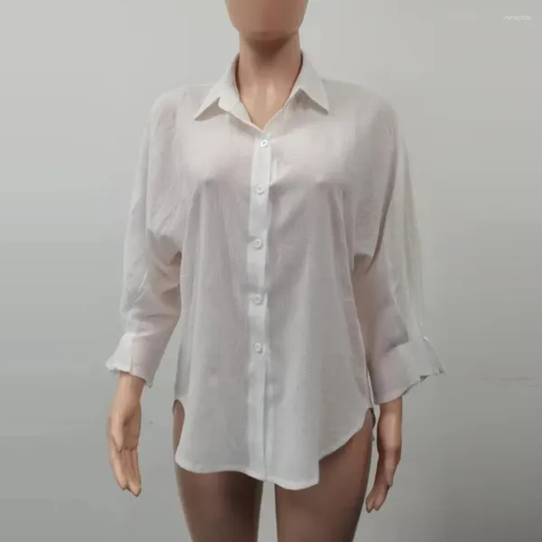 Blusas femininas camisa de manga de três quartos elegante lapela com laço detalhe elegante único breasted blusa para mulher chique sólido