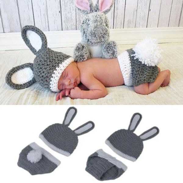 Conjuntos de roupas nascidos camisola artesanal forma de desenhos animados tiro adereços fio pequeno coelho cinza bebê pogal chapéu para menina
