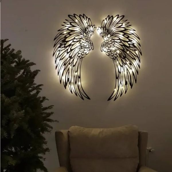 Aufkleber Metall Engelsflügel Wandaufkleber Schwarz Kunst Aufkleber Home Skulptur Tapete mit LED-Licht/ohne Lichter Moderne Wohnzimmerdekoration