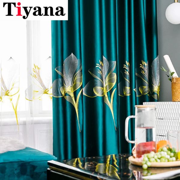 Cortinas estilo nórdico, verde, azul, lírio 3d, bordado, transparente, tule, janela, quarto, cortinas blackout para sala de estar, varanda