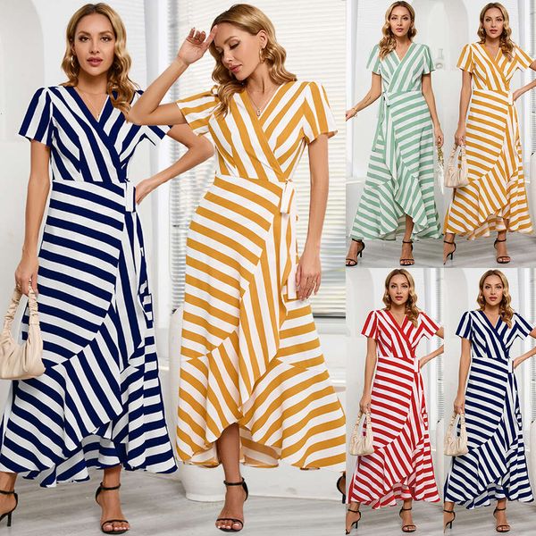 Moda Slim Fit Temperamento Stripe Swing 2024 Verão Feminino Grande Vestido Irregular