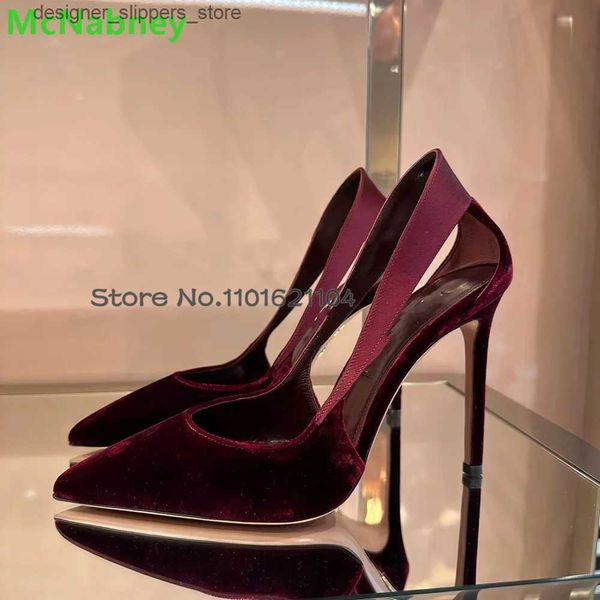 Sapatos de vestido Vinho Vermelho Fleece Tecido Bomba Mulheres 2023 Dedo Apontado Escorregadio Salto Alto Elegante Luxo Simples Design Elegante Sapatos Q240314