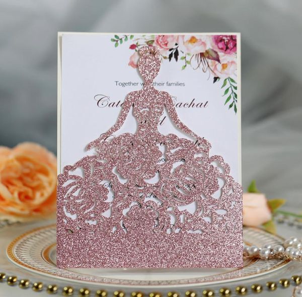 Convites de casamento com glitter dourado rosa ouro vermelho champanhe corte a laser editável doce quinze convites para festa de aniversário car8323162